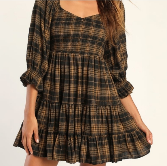 Lulus Dresses & Skirts - Lulu's Plaid Baby Doll Ruffle Tier Dress